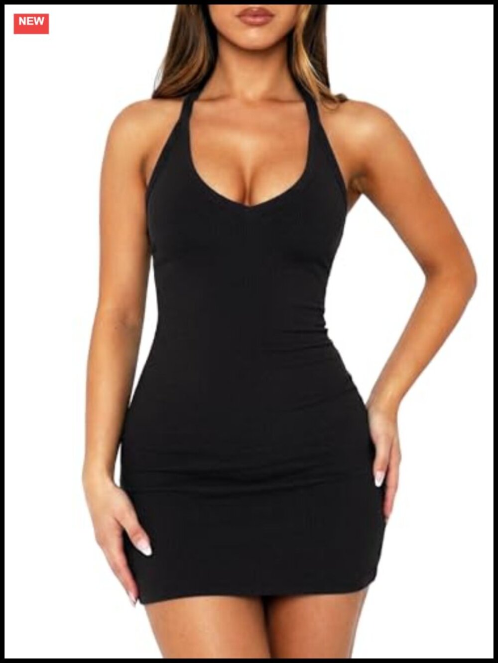 Women Sexy V Neck Bodycon Mini Dress Built in Bra Racerback Tank Club Party